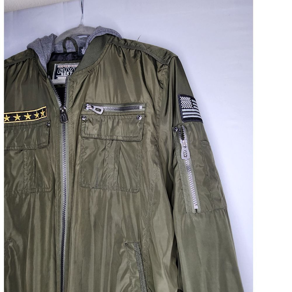Civil Sektor Premium Men's Green Full Zip Windbreaker Bomber Jacket W Hood Large